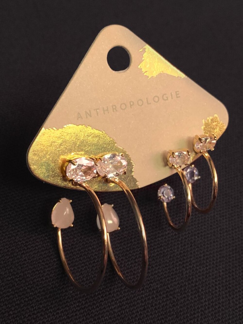 ANTHROPOLOGIE - Clear / Gold 2 Sets of Crystal Hoop Earrings NWT